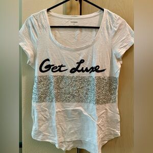 Express white T-shirt with sequins, size medium.